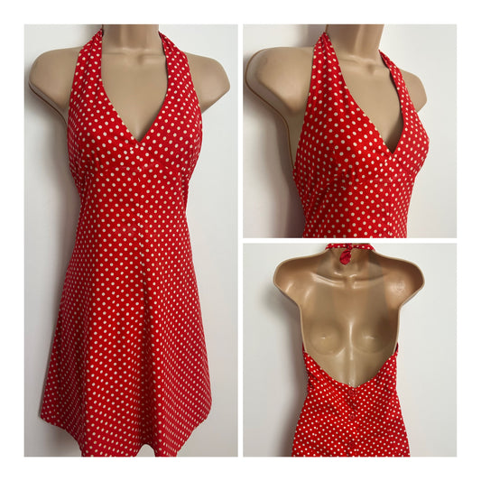 Vintage 1970s MISS SELFRIDGE Size 8-10 Red & White Polka Dot Print Halterneck Short Summer Dress