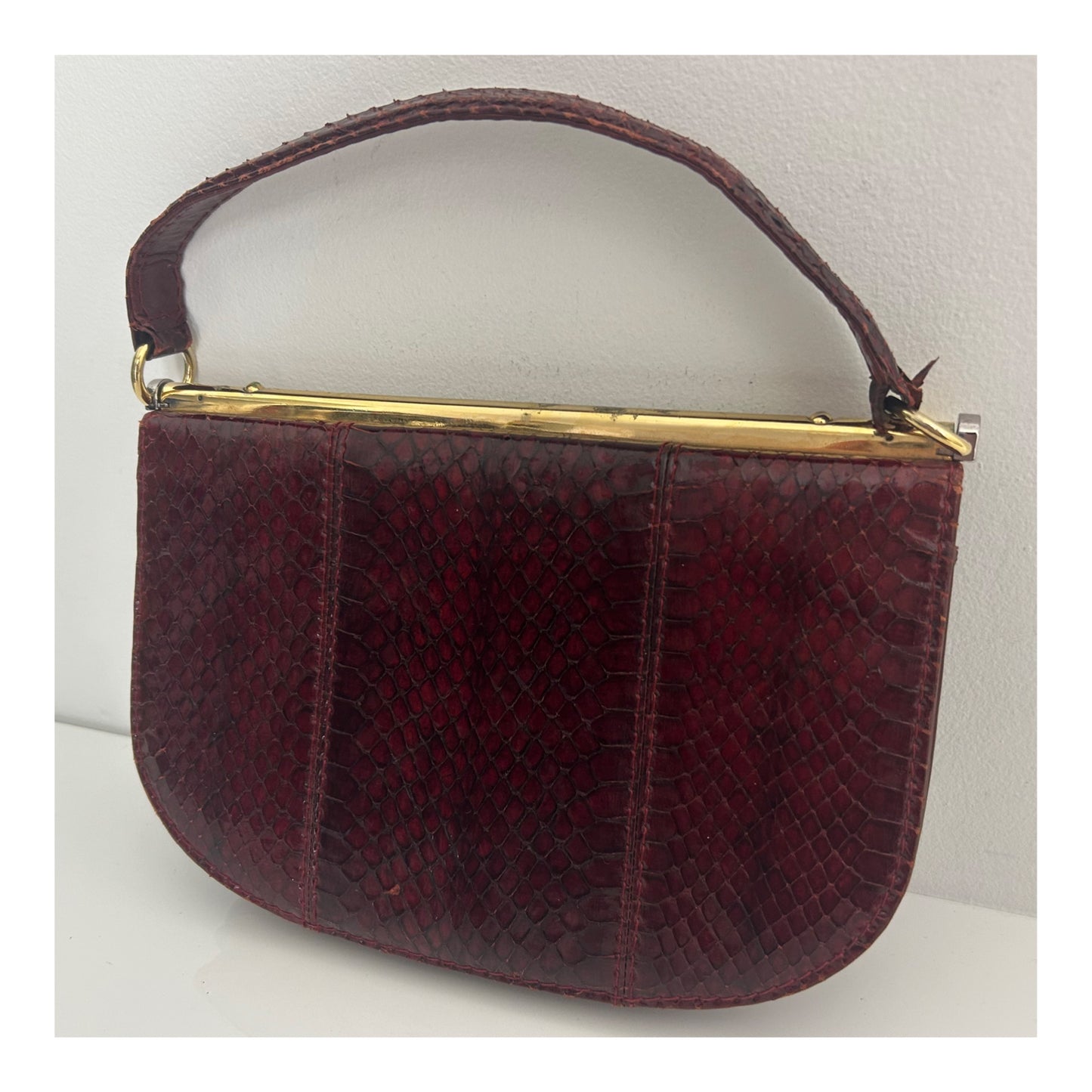 Vintage 1970s MAGLI Made In Italy Red Oxblood Snake Skin Unusual Shaped Handbag