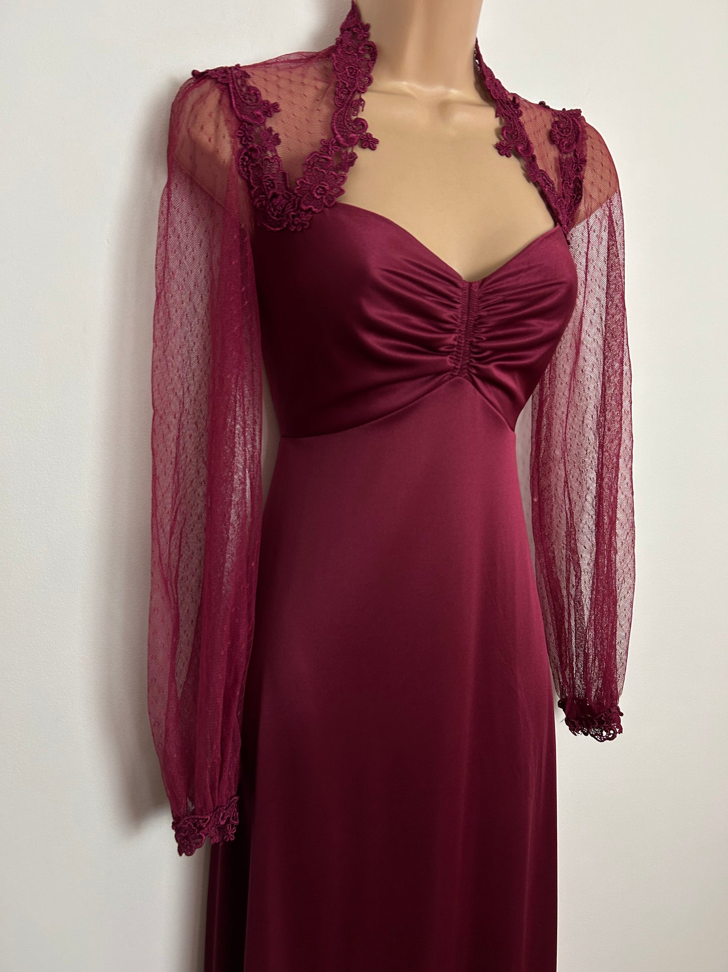 Vintage 1970s UK Size 6 Maroon Lace Detail Sweetheart Neckline Long Sleeve Occasion Evening Maxi Dress