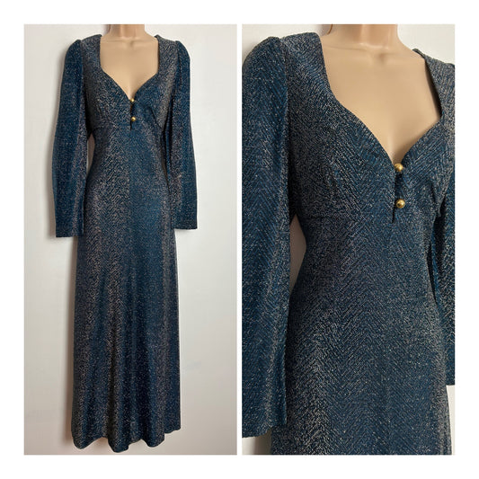 Vintage 1970s UK Size 12-14 Teal Black & Silver Lurex Long Sleeve Plunge Neck Occasion Maxi Dress