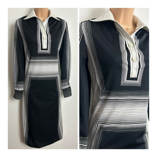 Vintage 1970s COTYM Size 8-10 Black & White Monochrome Stripe Print Long Sleeve Day Dress