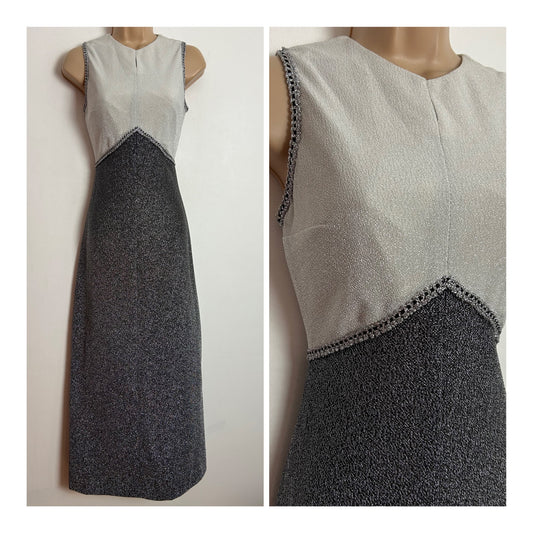Vintage 1960s UK Size 6 Silver & Ivory White Lurex Braid Trim Sleeveless Evening Maxi Dress