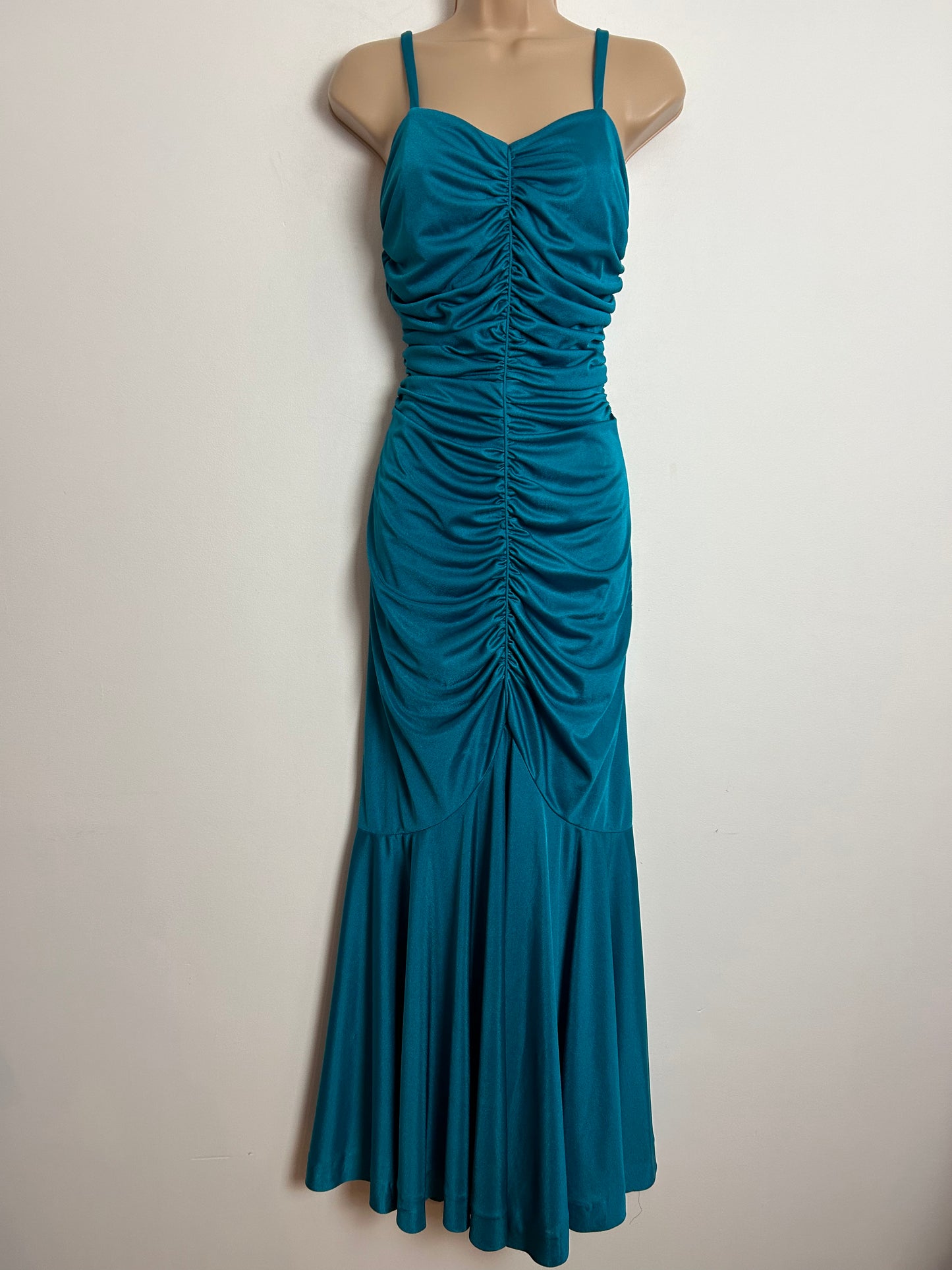 Vintage 1980s UK Size 8 Peacock Blue Ruched Fitted Wiggle Strappy Maxi Length Evening Occasion Party Dress