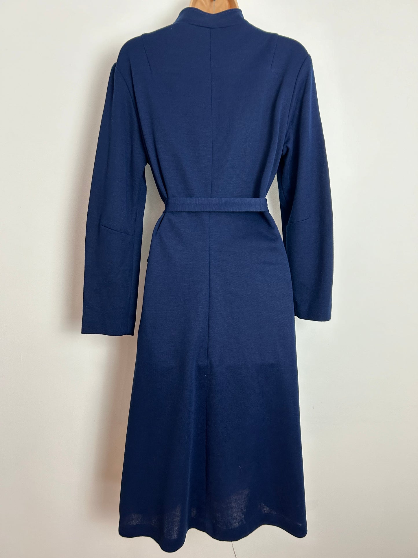 Vintage 1970s SELFRIDGES LONDON UK Size 14 Navy Blue Long Sleeve Zip Fronted Belted Day Dress