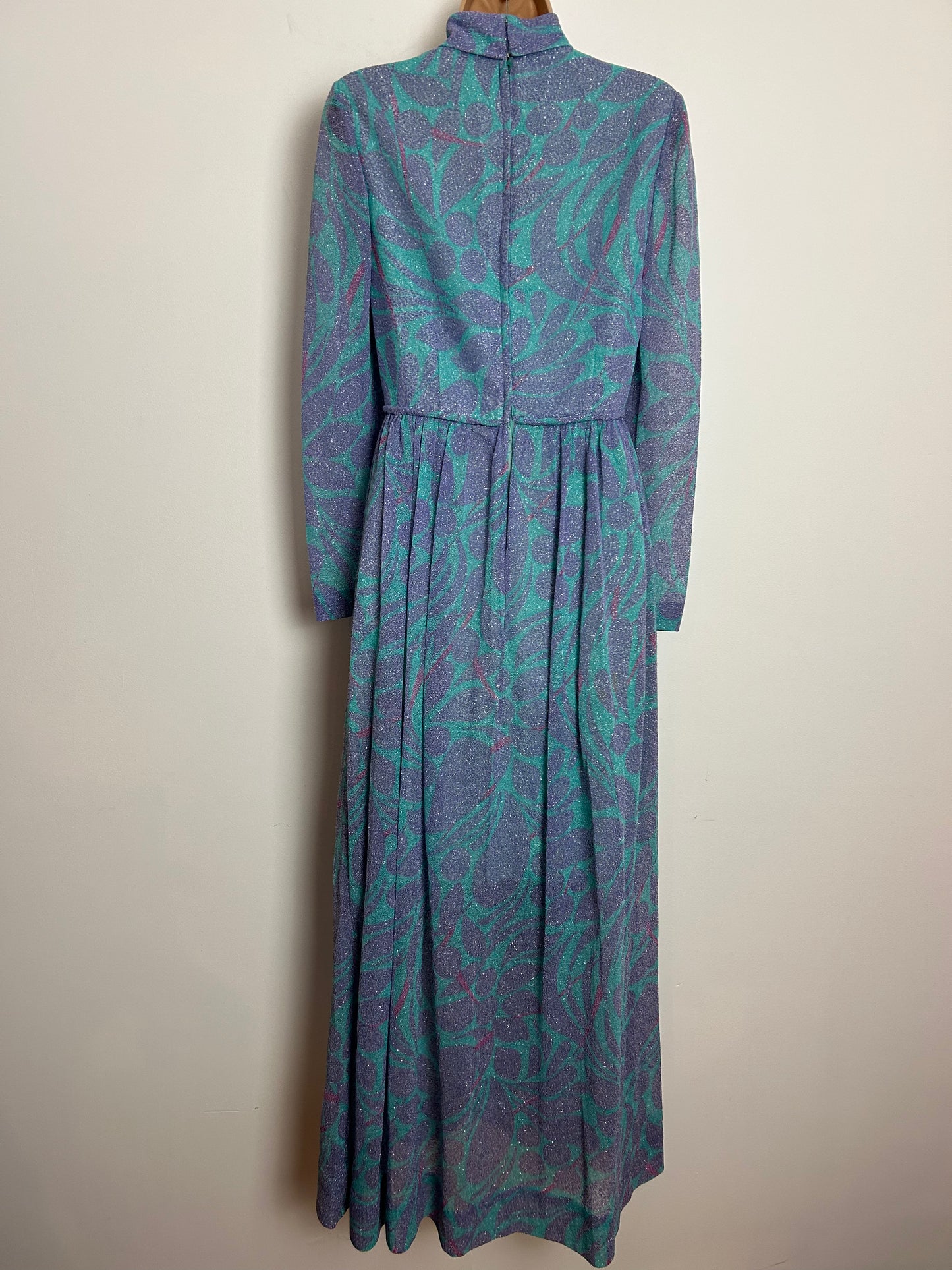 Vintage Late 1960s DONERICA MAYFAIR UK Size 8 Blue & Lilac Sparkly Lurex Occasion Evening Maxi Dress