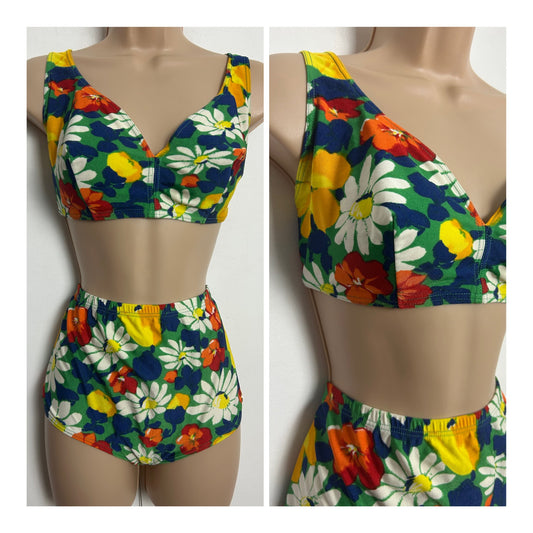 Vintage 1970s Size 14-16 Green Yellow Blue & Orange Floral Print Bikini