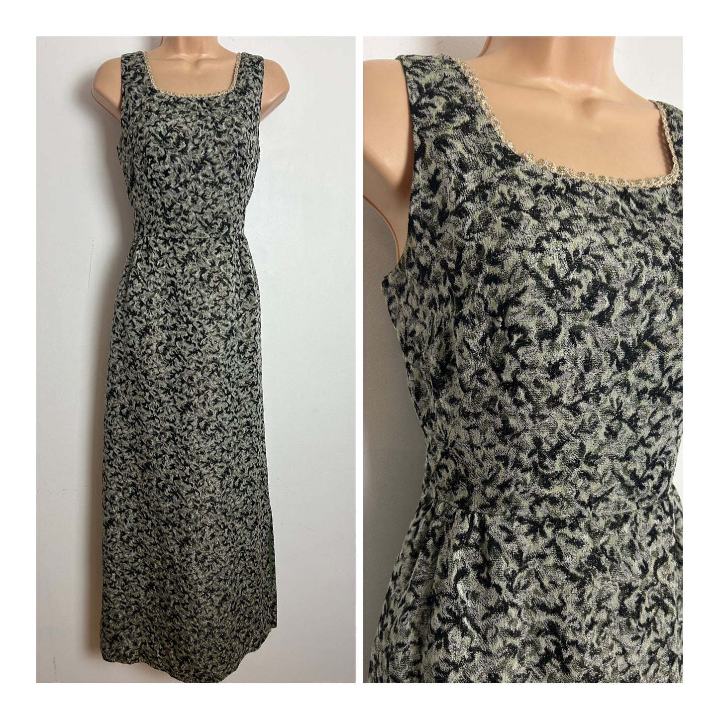 Vintage 1960s Size 8 Black Silver & Green Jacquard Metallic Thread Occasion Evening Maxi Dress