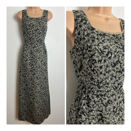 Vintage 1960s Size 8 Black Silver & Green Jacquard Metallic Thread Occasion Evening Maxi Dress