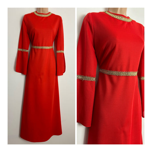 Vintage 1970s UK Size 12 Red Crimplene Gold Braid Trim Flared Cuff Occasion Maxi Dress