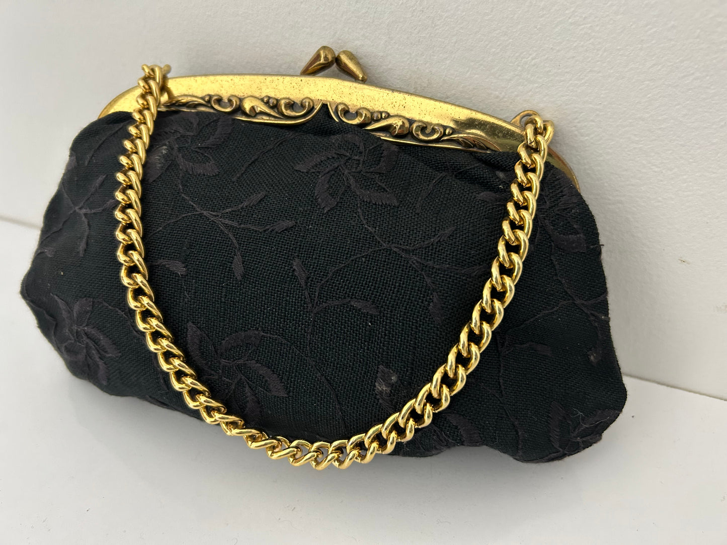Vintage 1950s Small Black Embroidered Fabric Evening Bag With Chain Handle
