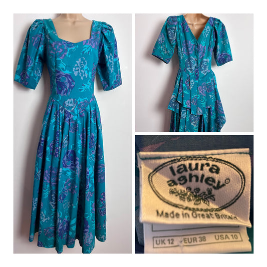 Vintage 1980s LAURA ASHLEY UK Size 8 (Size 12 On Label) Green & Purple Floral Print Pleated Bustle Back Pleated Dress