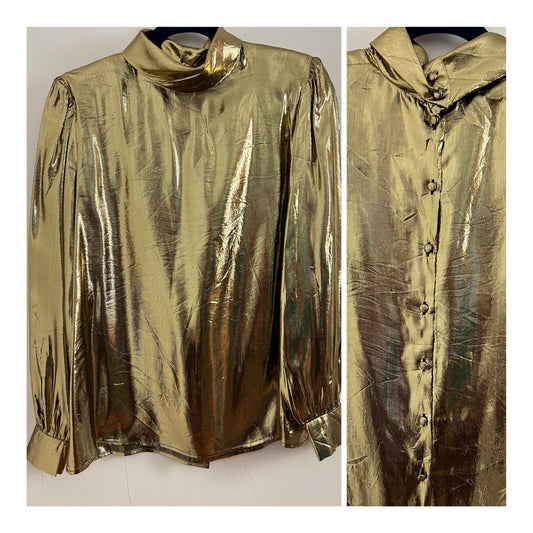 Vintage 1980s LLOYD WILLIAMS UK Size 12 Gold Lame Long Sleeve Button Black Blouse/Top