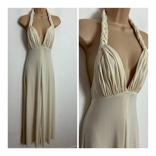 Vintage 1970s UK Size 6-8 Cream Plunge Neck Plaited Halterneck Strap Grecian Style Occasion Dress
