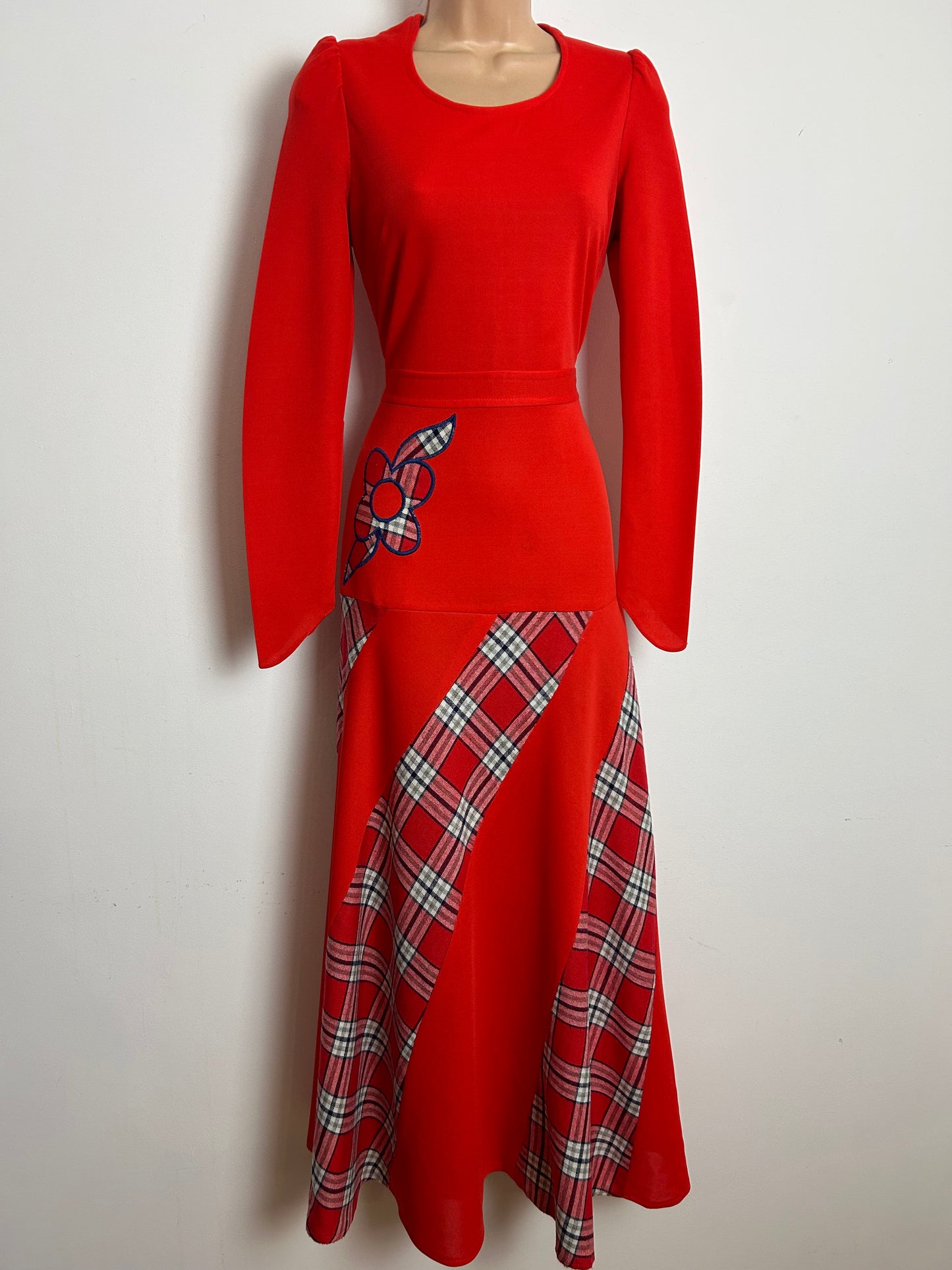 Vintage 1970s Size 8 Red Tartan Check Panels Applique Detail Long Sleeve Maxi Dress