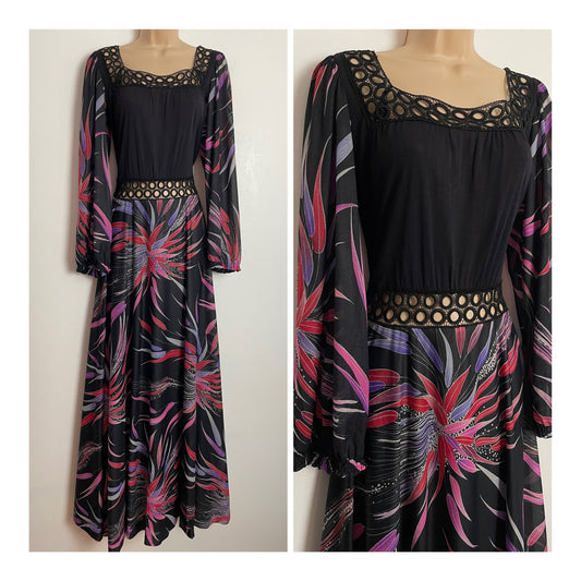 Vintage 1970s LAROUSSE Italy UK Size 8 Black Red & Violet Leaf Print Circle Lace Boho Maxi Dress