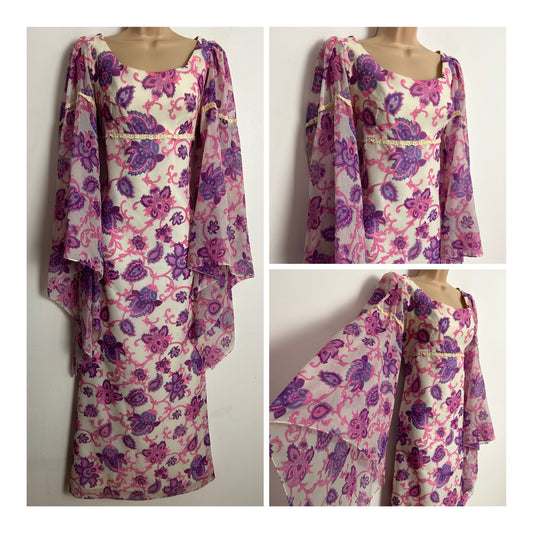 Vintage 1960s UK 10 White Purple & Pink Floral Print Long Trumpet Sleeve Boho Empire Line Nylon Maxi Dress