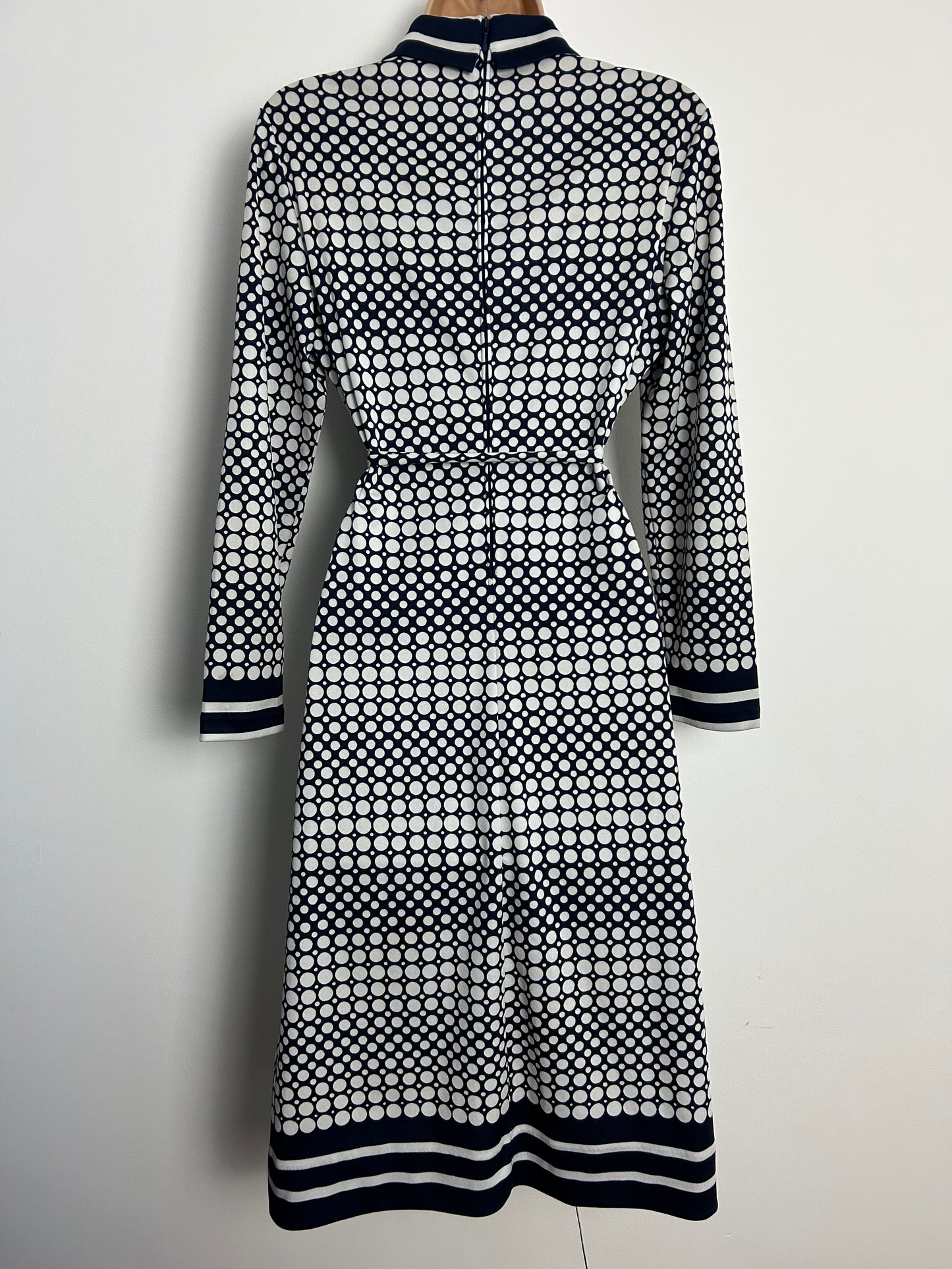 vintage Late 1960s JAEGER UK Size 12 Navy Blue & White Spot Print Long Sleeve Belted Dress