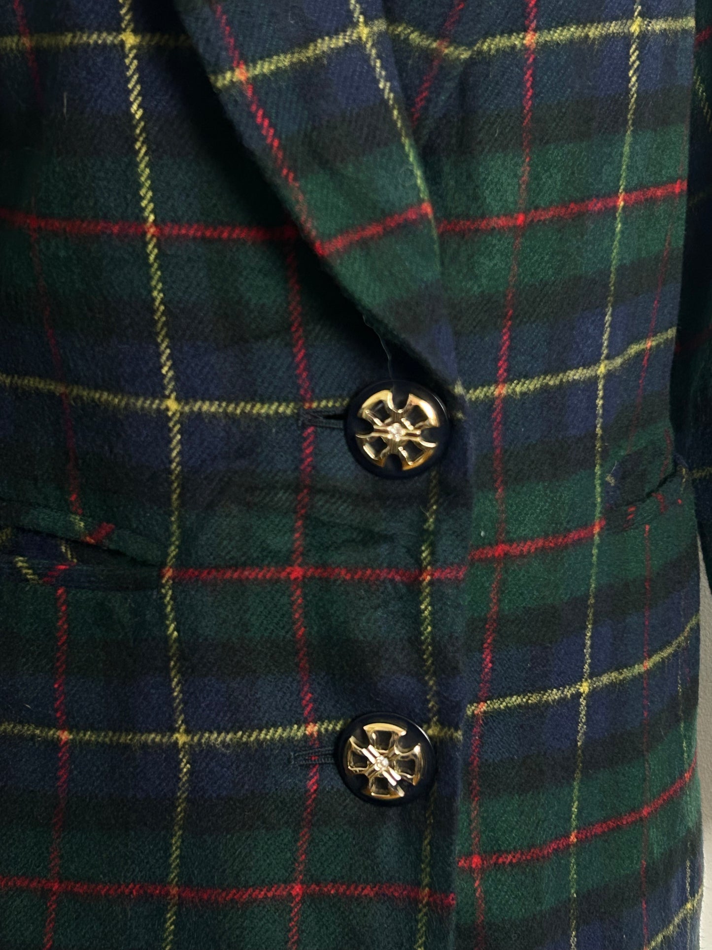Vintage 1980s Size 12-14 SUPREME Dark Green Tartan Check Wool Mix Blazer