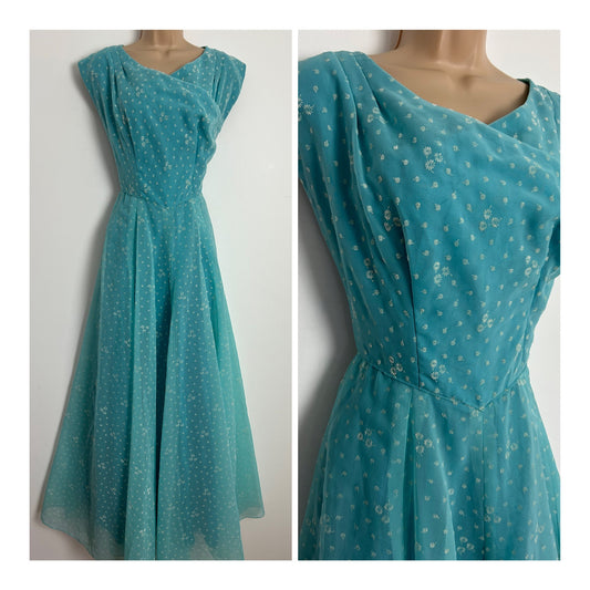 Vintage 1950s Size 10 Beautiful Blue & White Floral Flock Full Length Ballgown Summer Prom Dress