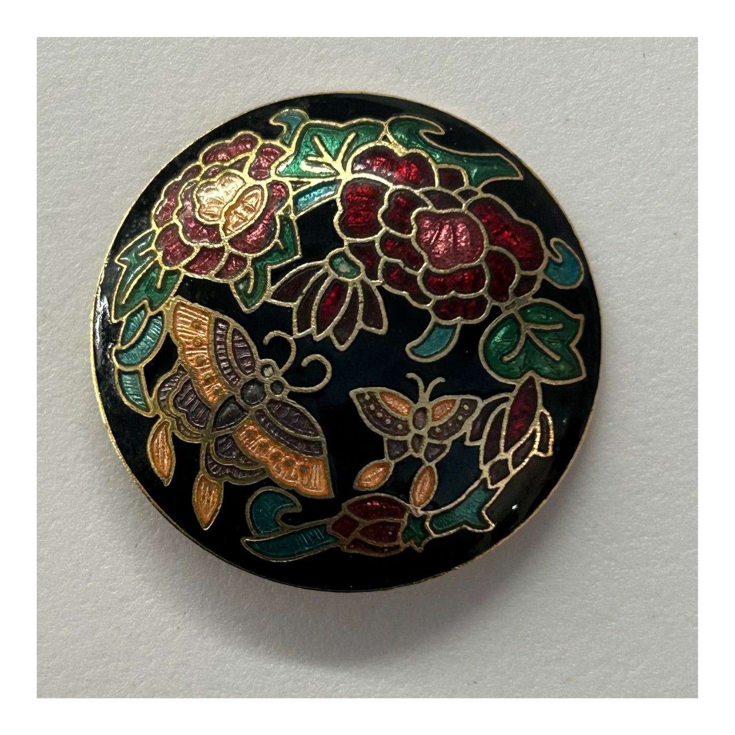 Vintage Gold Tone Cloisonne Enamel Floral & Butterfly Pattern Circular Brooch