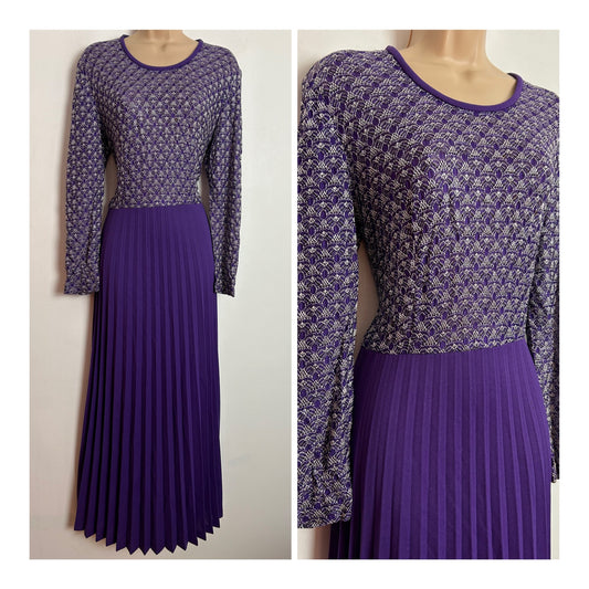 Vintage 1970s UK Size 12-14 Purple & Silver Lurex Long Sleeve Pleated Occasion Evening Maxi Dress