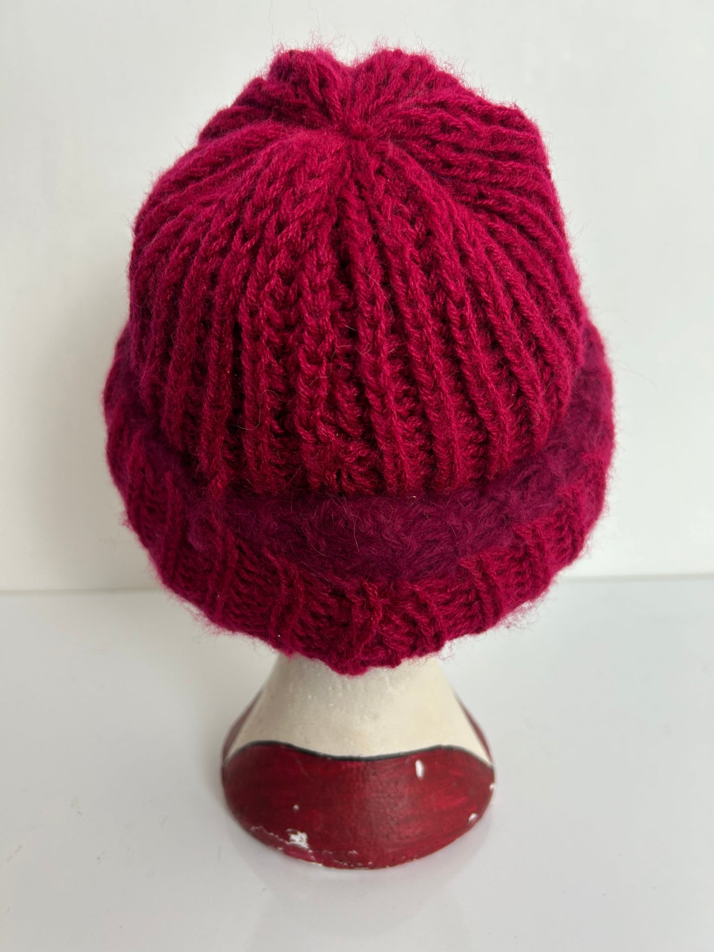 Vintage Raspberry Chunky Rib Knit Turn Up Angora & Wool Mix Beanie Style Hat