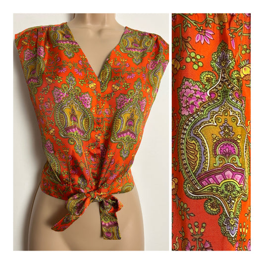 Vintage 1970s Size 10 Orange Green & Pink Nouveau Floral Print Sleeveless Tie Waisted Blouse