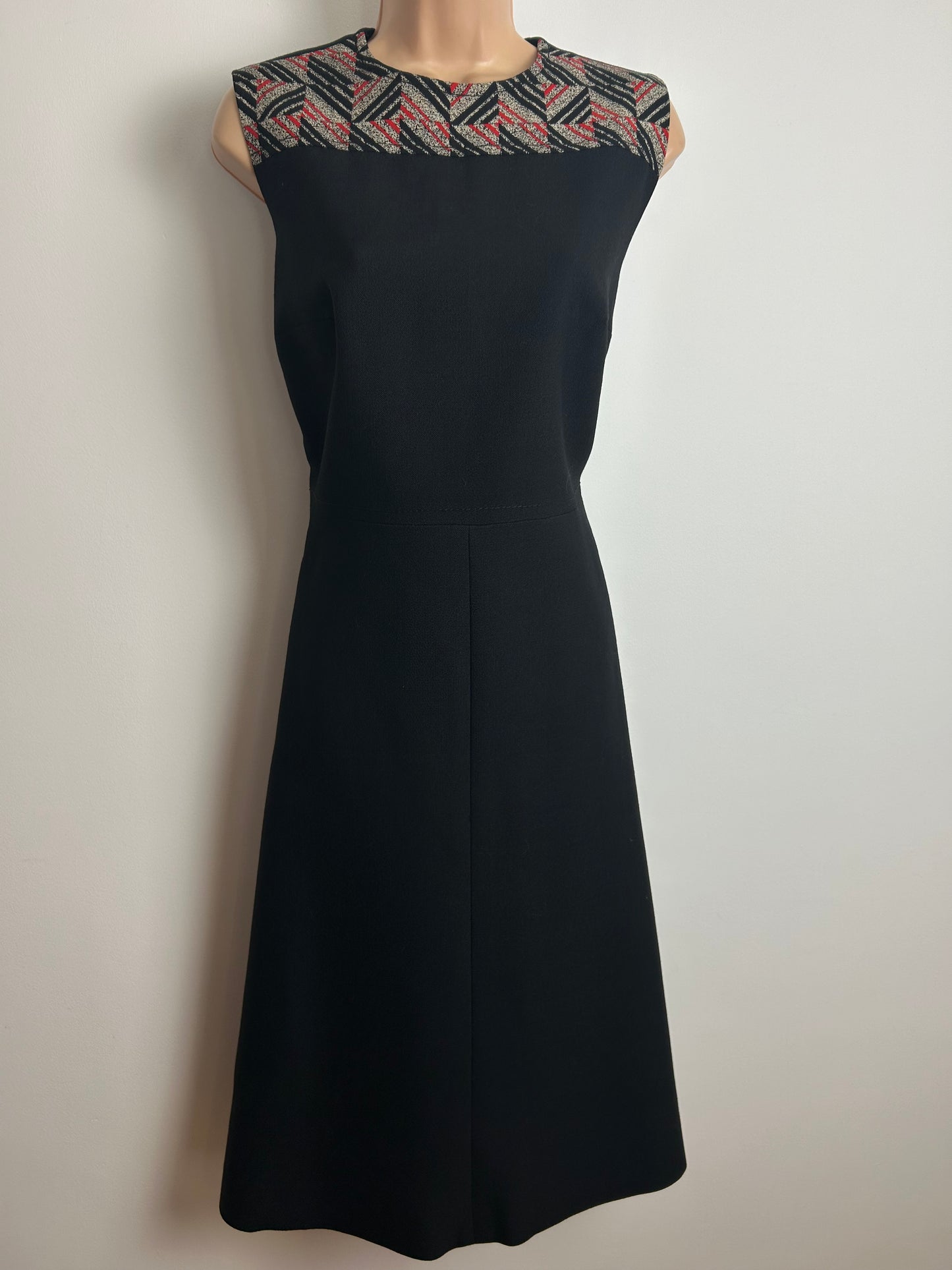 Vintage 1960s Size 10-12 Black Stripe & Check Print Detail Sleeveless Wool Mix Mod Dress