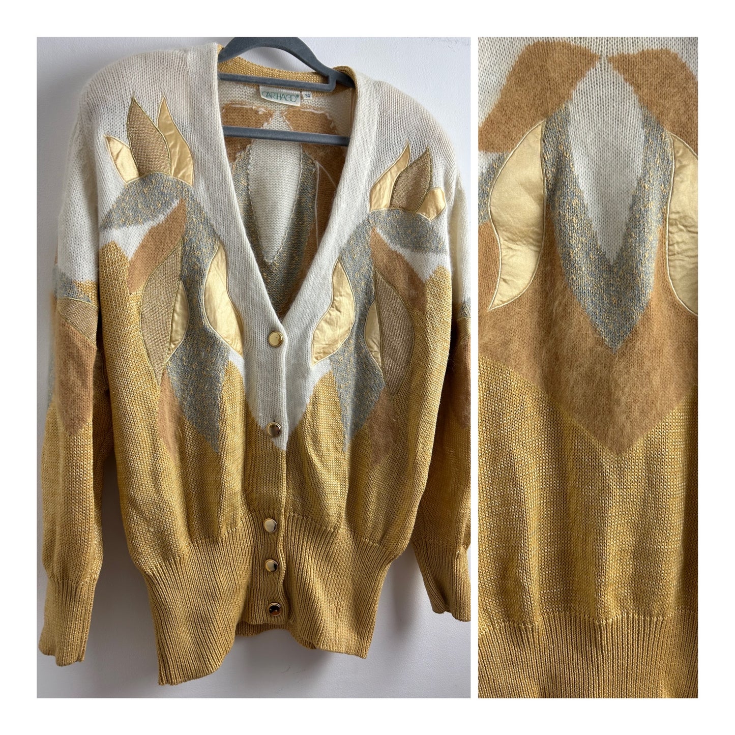 Vintage 1980s CARTHAGO UK Size 12 Mustard Grey & Winter White Applique Detail Cotton & Angora Mix Cardigan