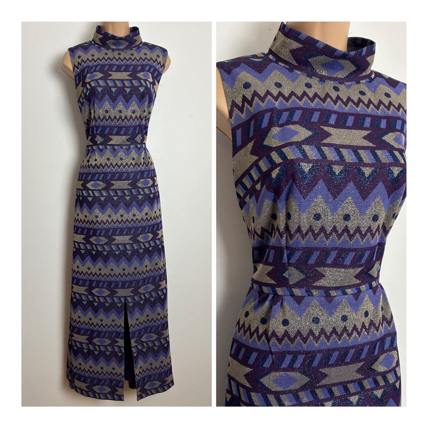 Vintage 1970s Size 12 Purple & Silver Tones Abstract Print Lurex Evening Maxi Dress