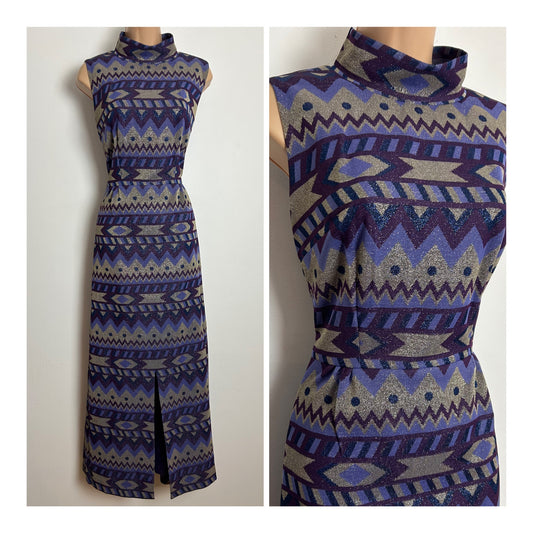 Vintage 1970s Size 12 Purple & Silver Tones Abstract Print Lurex Evening Maxi Dress