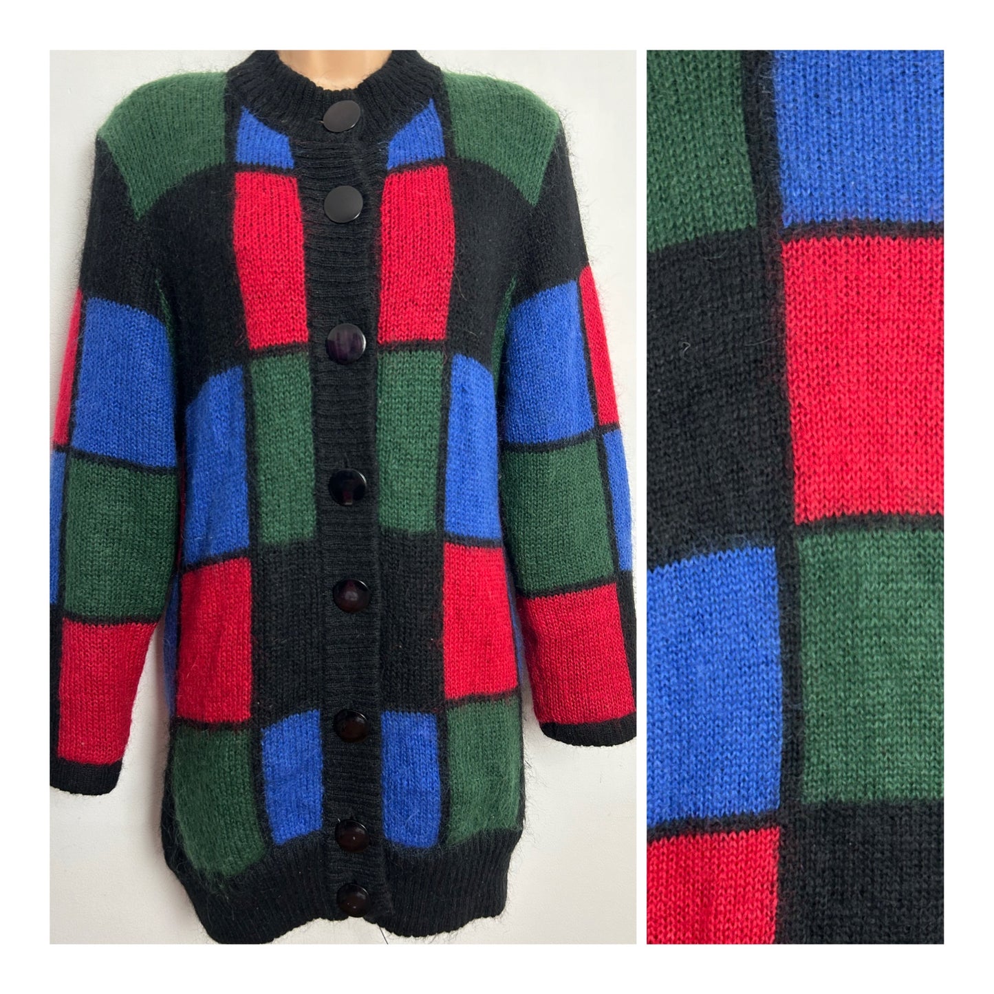 Vintage 1980s CINNAMON Up To Size 16 Black Red Green Blue Check 50% Mohair Longer Length Cardigan/Coatigan