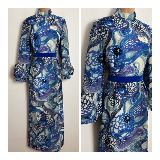 Vintage 1960s Size 12-14 Blue Tones Abstract Floral Print Long Sleeve Puff Cuffs Maxi Dress