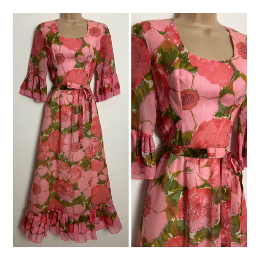 Vintage 1970s Size 8 KATI AT LAURA PHILLIPS Pink & Green Floral Print Cotton Mix Belted Boho Maxi Dress