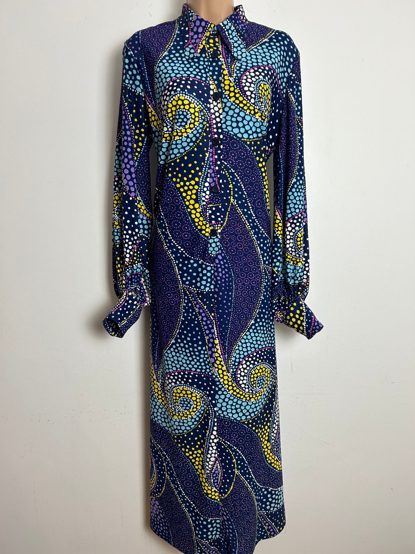 Vintage 1970s DELSWA Size 14-16 Navy Blue Multicoloured Spotty Paisley Print Balloon Sleeve Maxi Dress