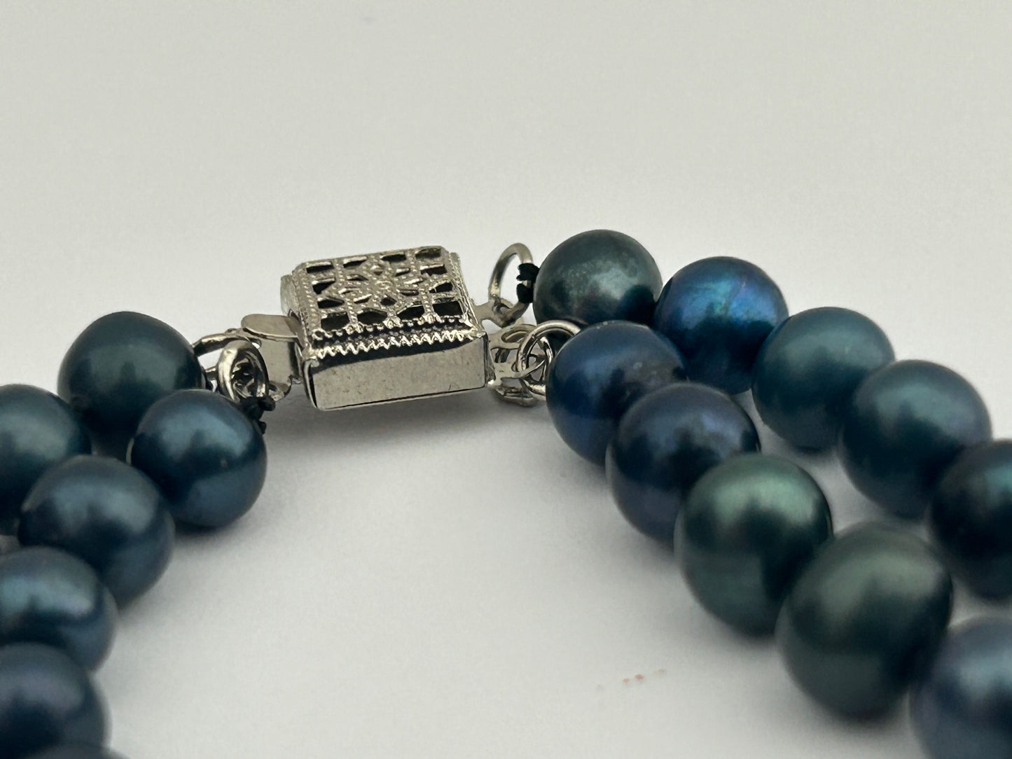 Vintage Blue Dyed Real Pearl Double Strand Bracelet With 14k Gold Filled Silver Tone Box Clasp