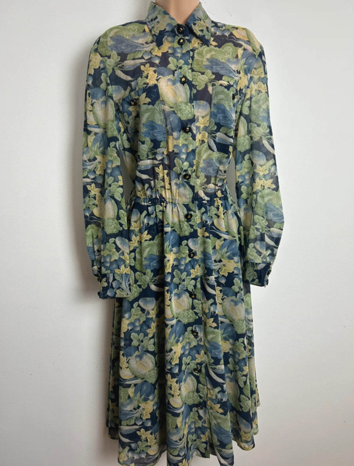 Vintage 1980s HEROS PARIS Size 14 Green & Blue Tones Vegetable Novelty Print Pure Cotton Day Dress