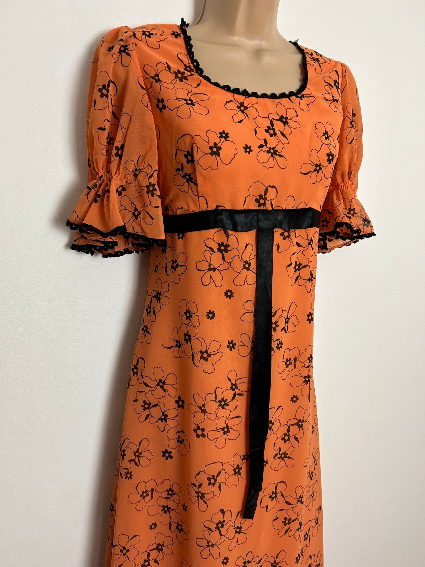 Vintage 1970s UK Size 10 Orange & Black Floral Print Ribbon Trim Short Sleeve Boho Prairie Maxi Dress