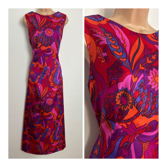 Vintage 1970s Size 8-10 Purple Pink Orange & Red Psychedelic Floral Print Column Maxi Dress