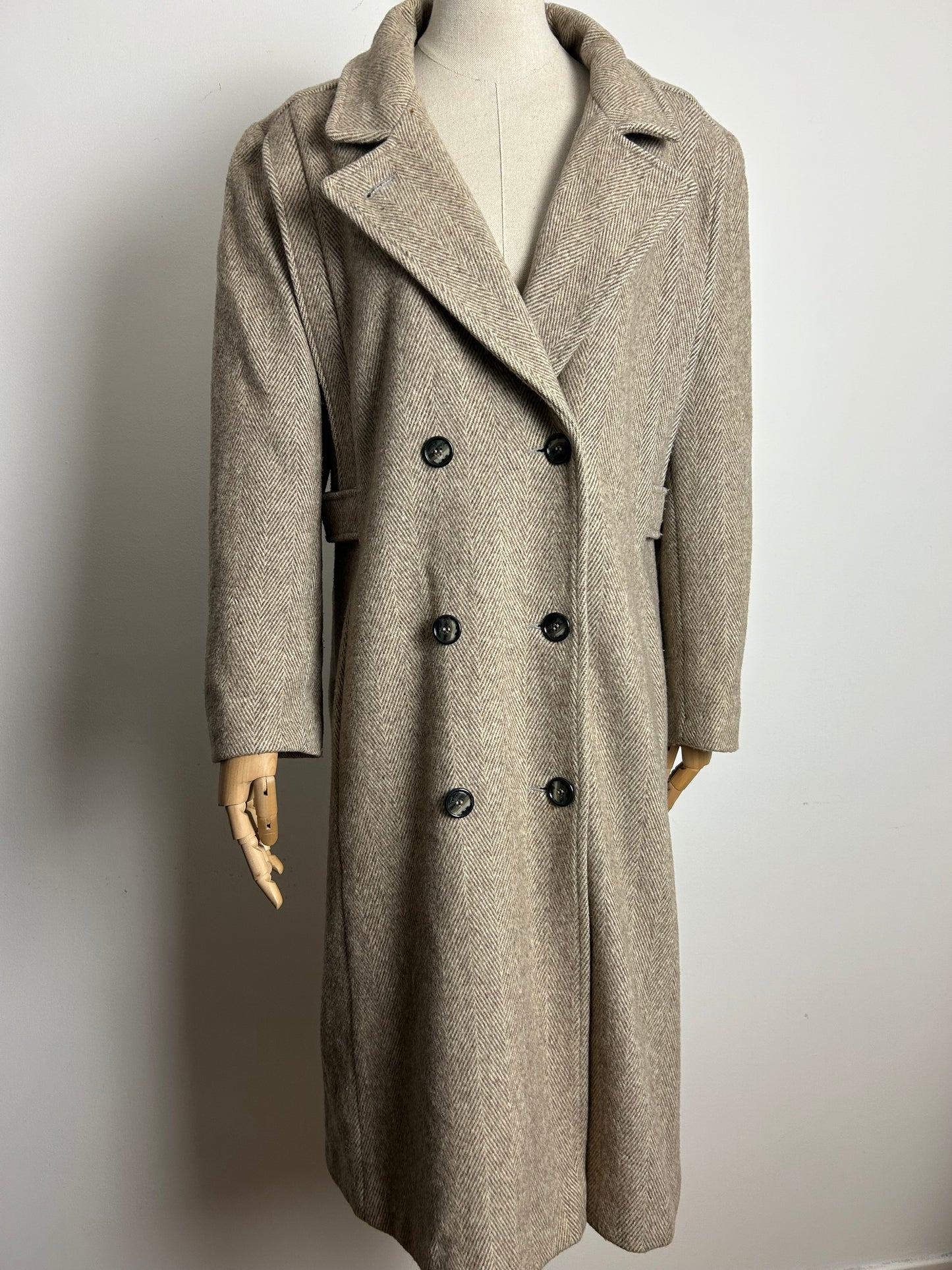Vintage Early 1980s NOBLE FASHIONS UK Size 12-14 Beige Herringbone Pure New Wool Double Breasted Winter Coat