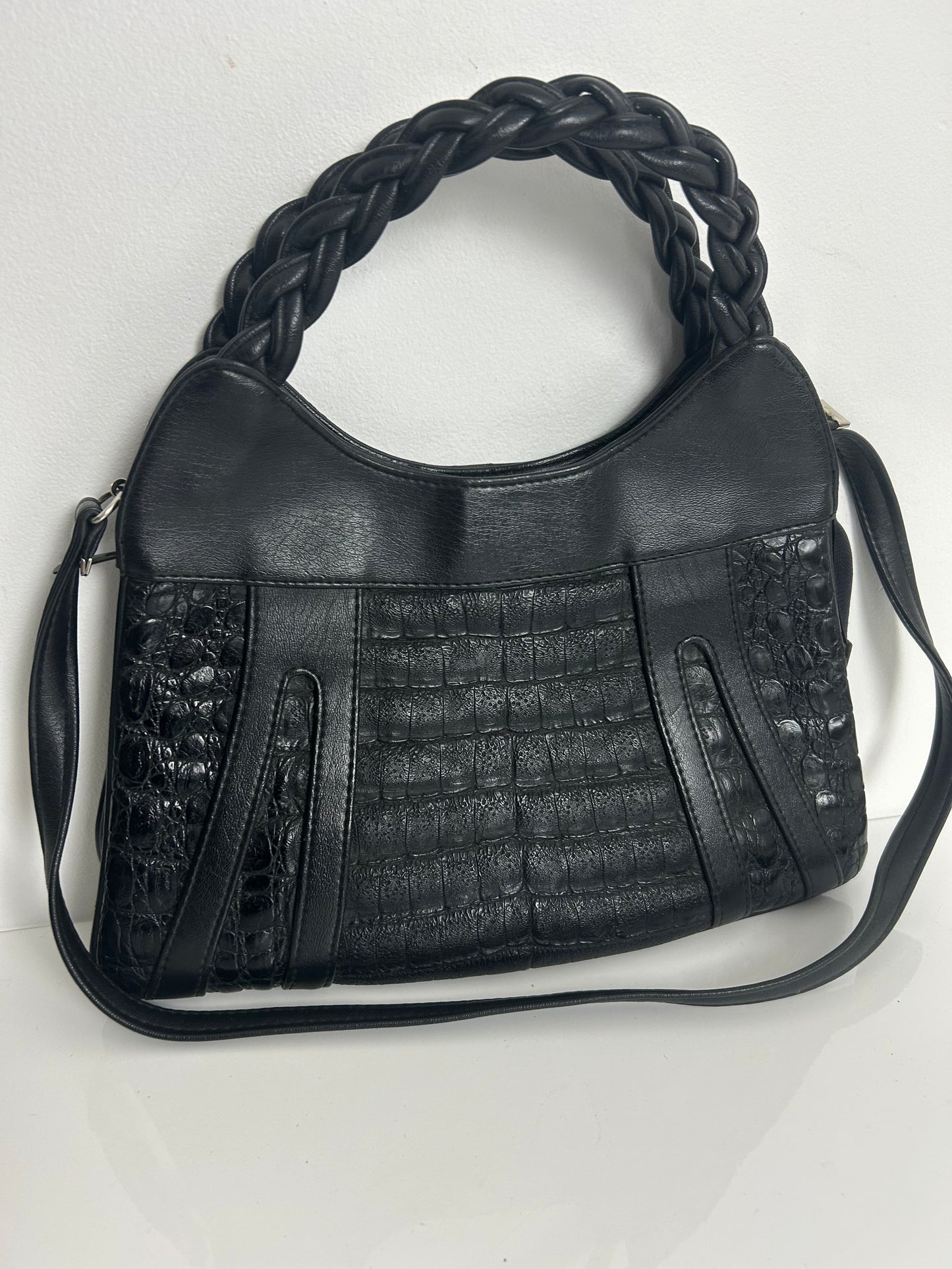 Vintage 1970s Lovely Soft Supple Black Mock Croc Leather Shoulder Or Handbag