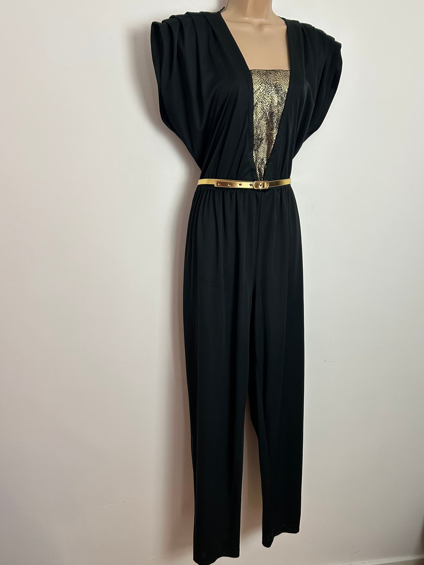 Vintage Early 1980s UK Size 14-16 Black & Metallic Gold Animal Print Panel Party Disco Belted Jumpsuit