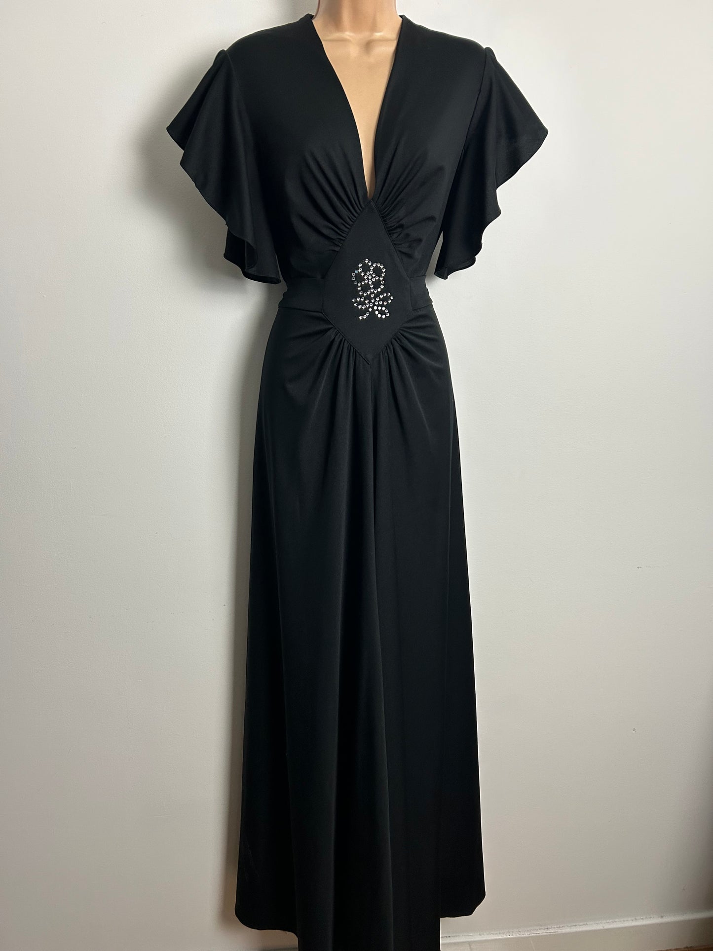 Vintage 1970s Size 14 Black Rhinestone Detail Ruffle Sleeve Tie Back Evening Maxi Dress