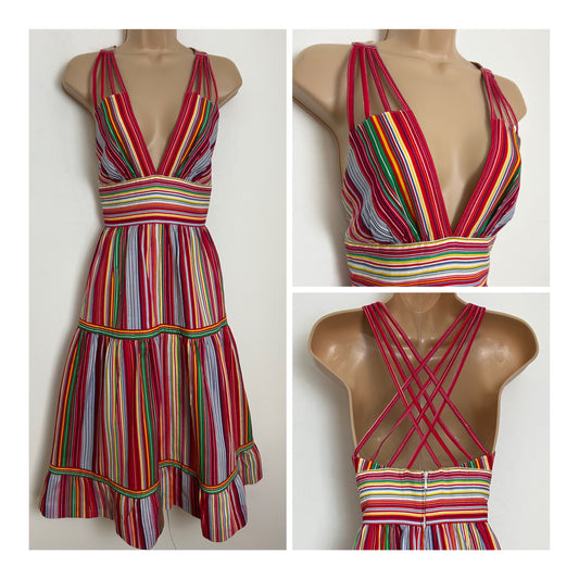 Vintage Late 1970s Size 6-8 Multi Stripe Cross Strap Plunge Neck Summer Sundress
