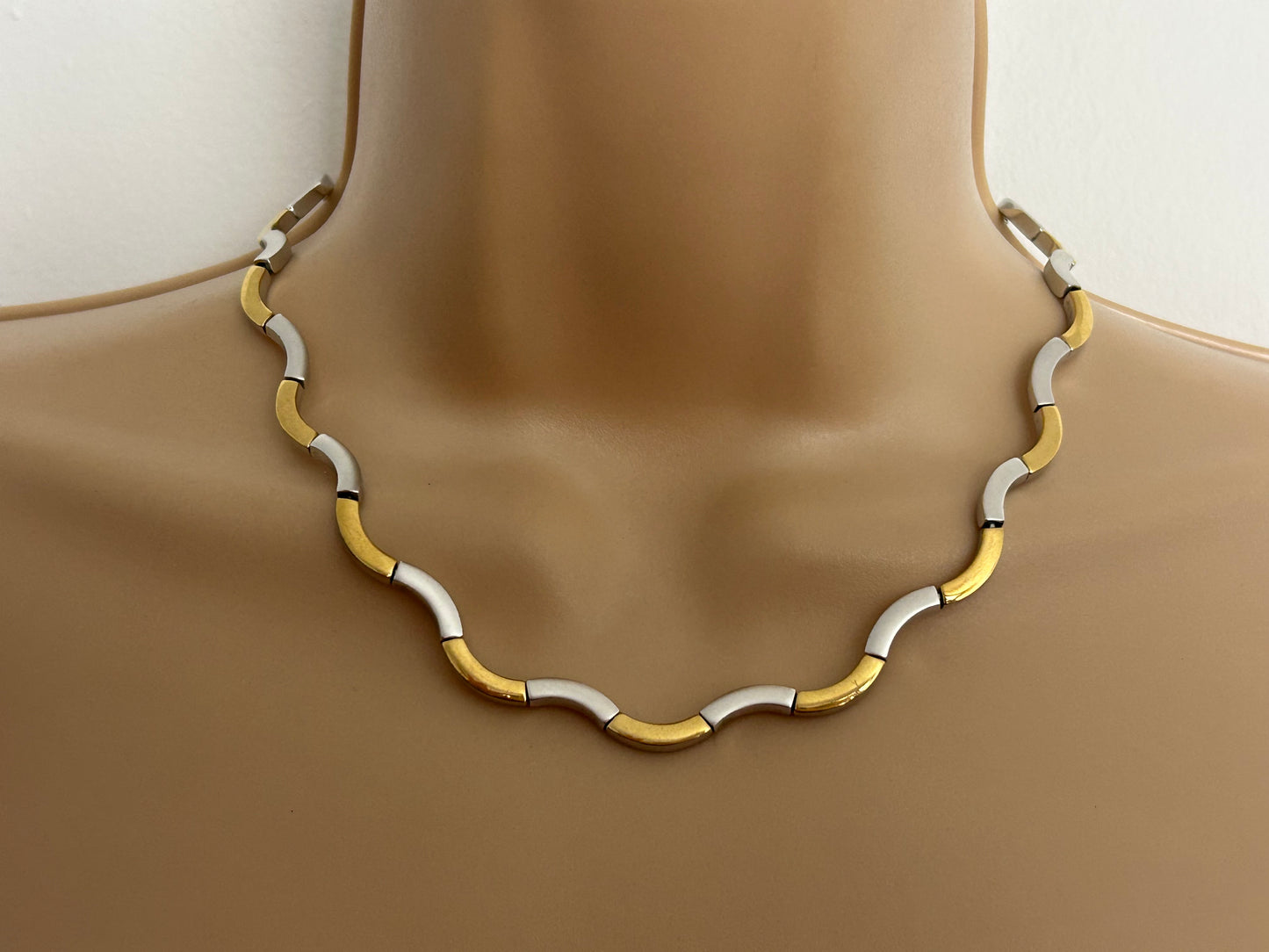 Vintage Silver & Gold Wavy Design Choker Necklace