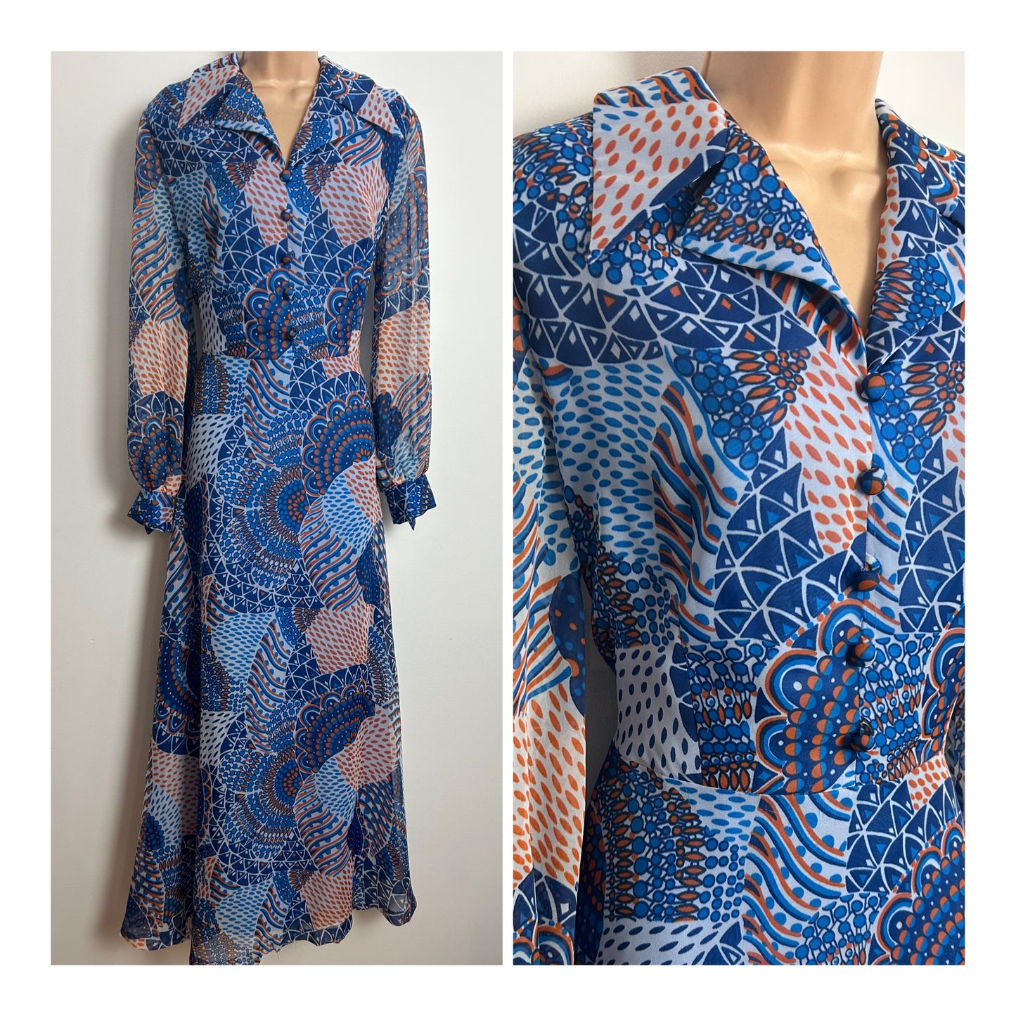 Vintage 1970s 14 Blue & Orange Abstract Print Dagger Collar Long Sleeve Chiffon Maxi Dress