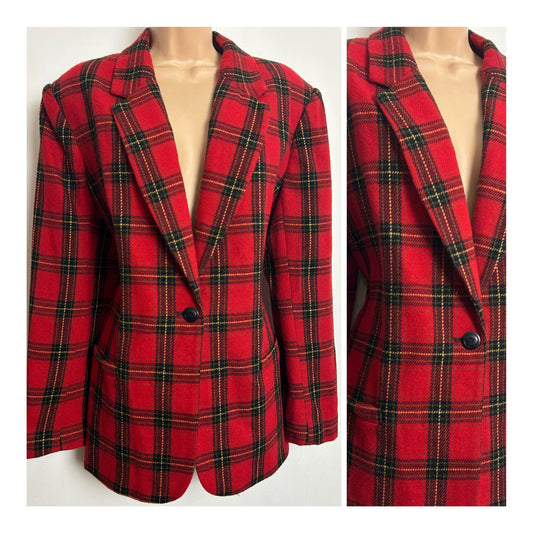 Vintage 1980s WHITE STAG Size 12-14 Red Tartan Check Wool Blend Blazer
