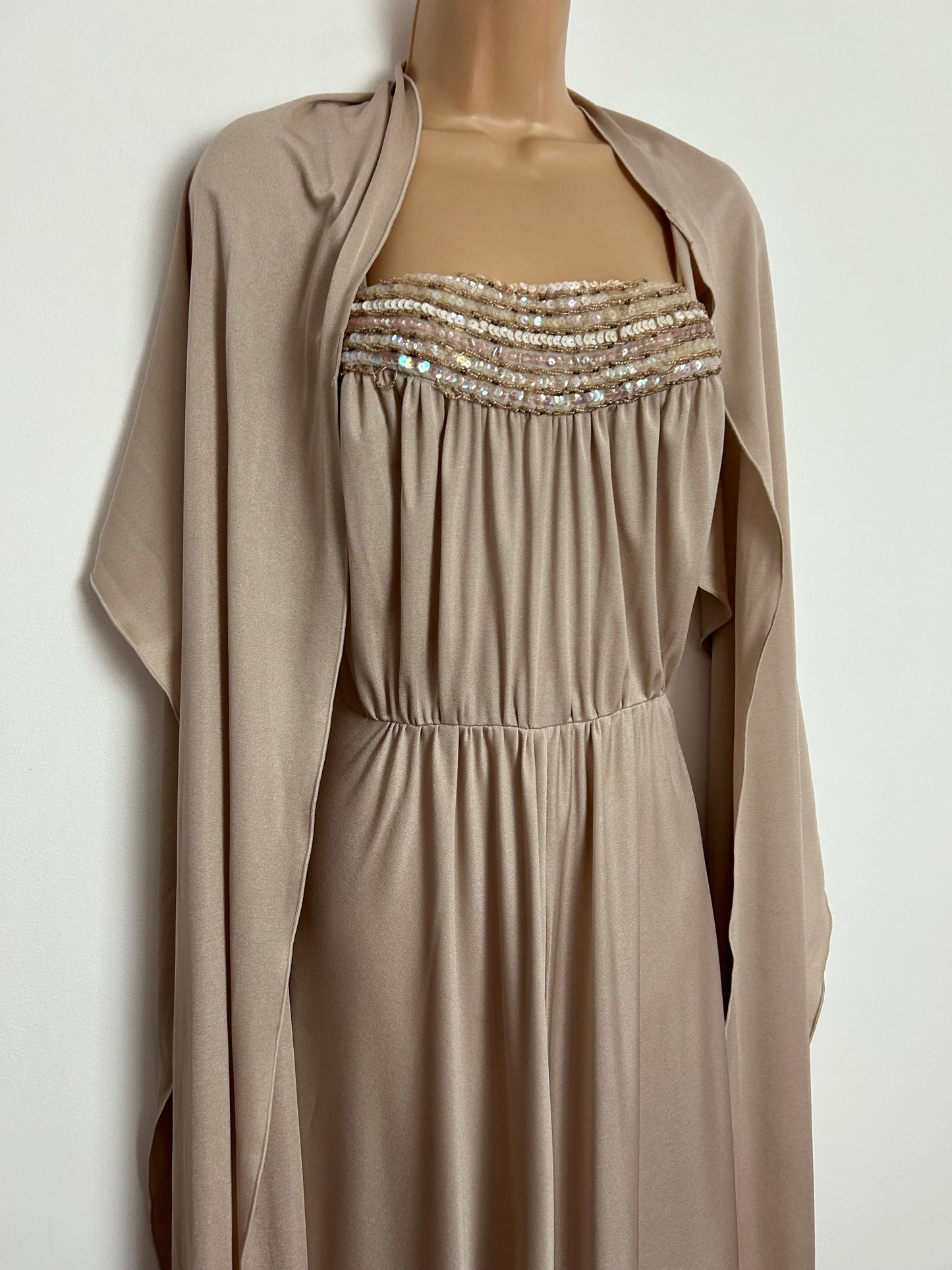 Vintage 1970s CARNEGIE OF LONDON UK Size 8 Nude Beige Sequin & Bead Detail Occasion Maxi Dress With Shawl