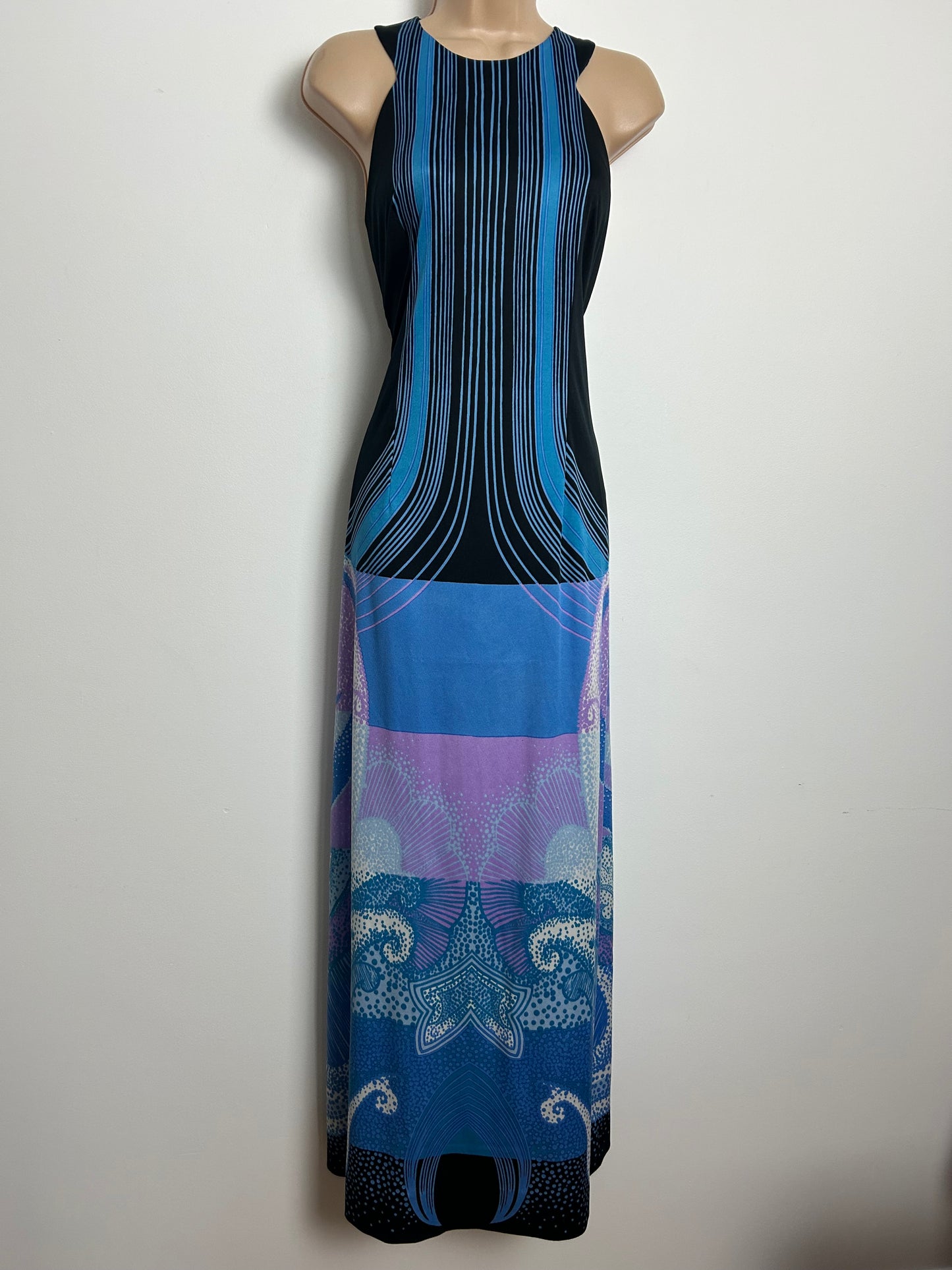Vintage 1970s Size 8 Black Blue & Lilac Abstract Stripe & Paisley Print Sleeveless Maxi Dress