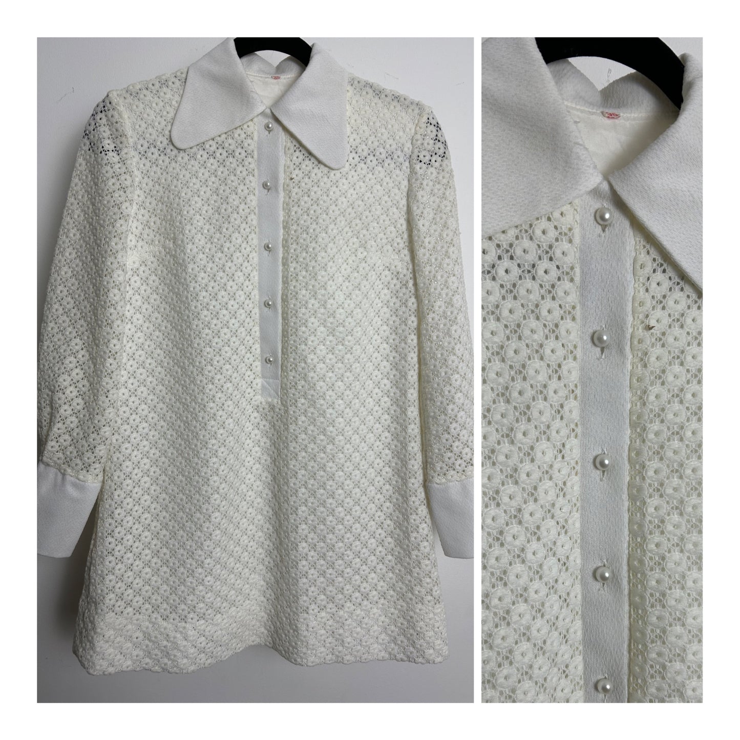 Vintage 1970s Size 8 Winter White Beagle Collar Longer Length Shirt